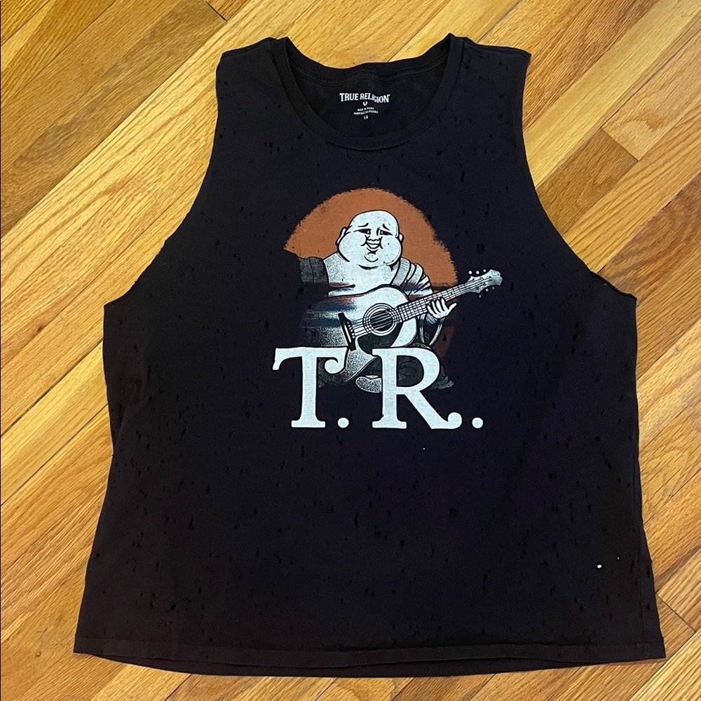 TRUE RELIGION Distressed Ladies Black Tank Top Graphic Buddha Streetwear Urban